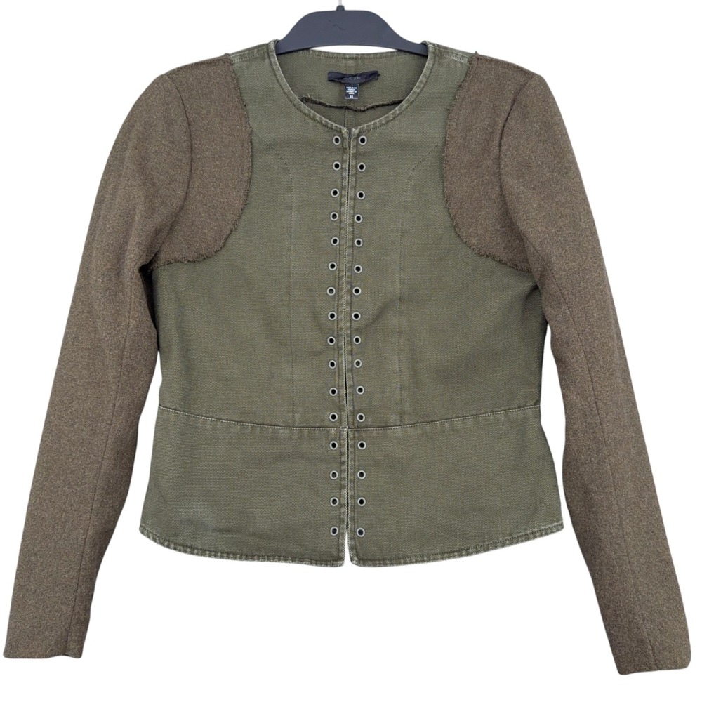 Joe's Jeans Military Jacket Women XS Olive Green Canvas Mixed Media Hook and Eye